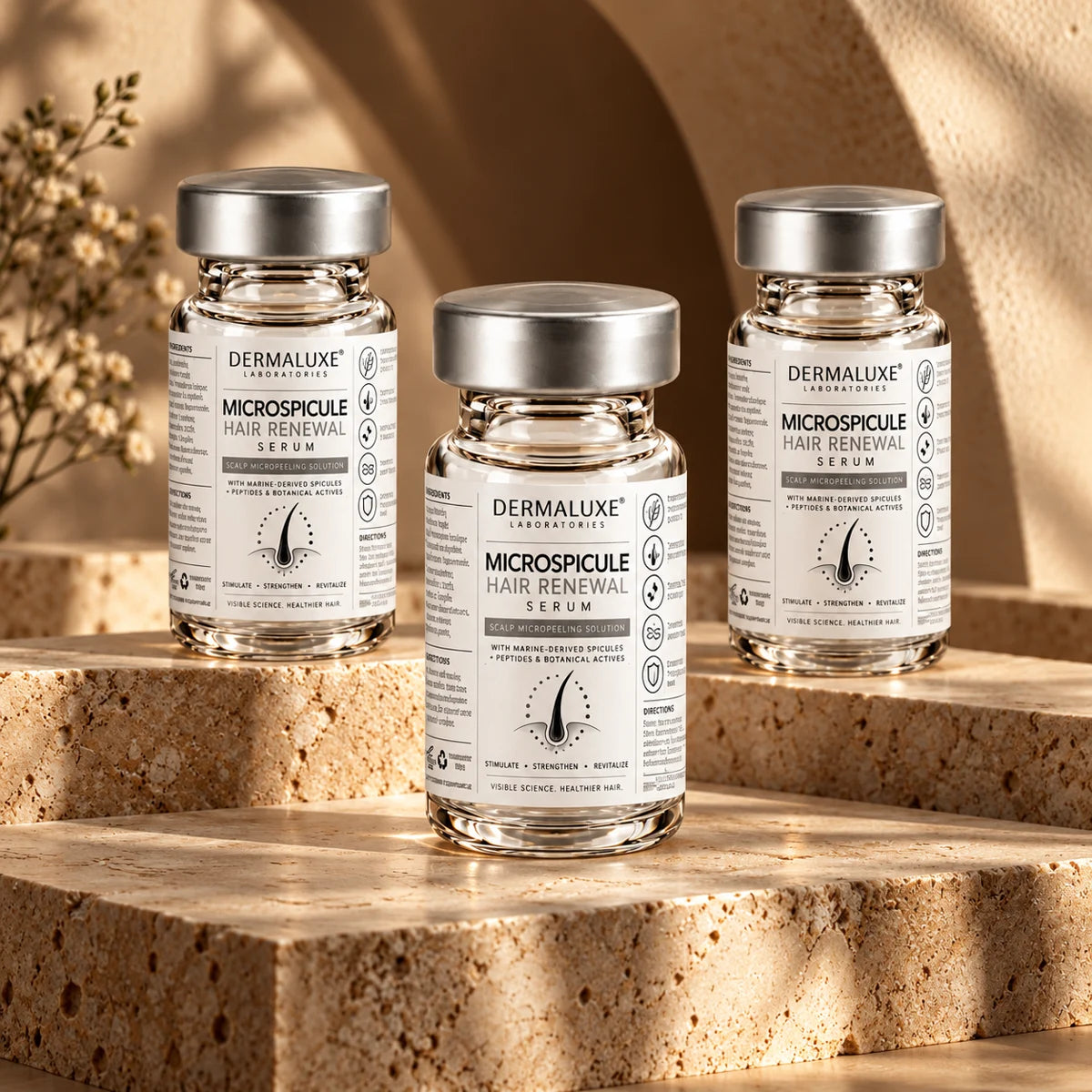 Tres frascos Dermaluxe Microspicule Hair Renewal Serum
