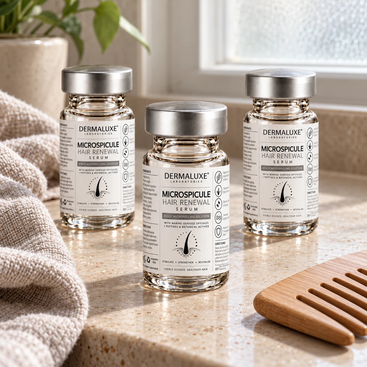 Pack de tres frascos Dermaluxe en un tocador con luz natural