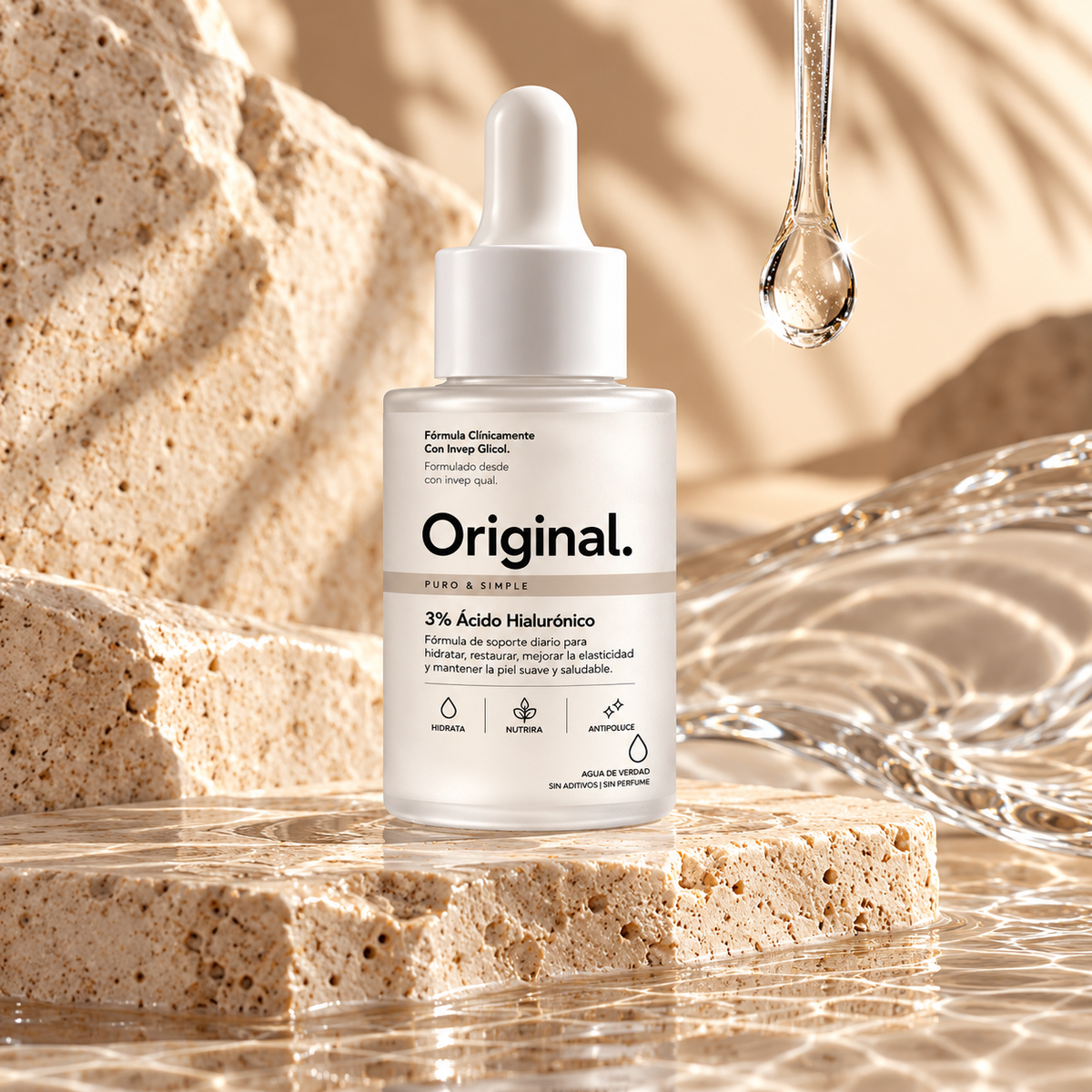 Sérum facial Original ácido hialurónico 3% sobre piedra beige